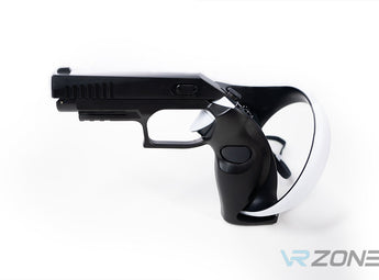 Sony PSVR2 Pistol Grip in black to play shooter games attached to controller in white background for sale at VR Zone in Adelaide Australia
