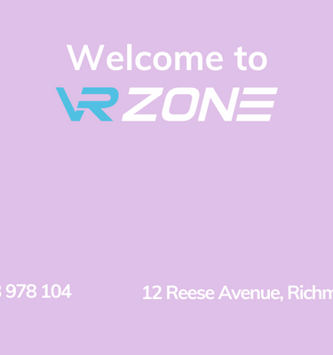 Colourful welcome banner of VR Zone website with phone number 0412978104 and address 12 Reese avenue Richmond in Adelaide Australia