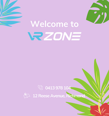 Colourful welcome banner of VR Zone website for mobile with phone number 0412978104 and address 12 Reese avenue Richmond in Adelaide Australia